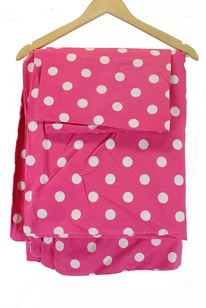 pussilakana_ja_tyynyliina_vaaleanpunainen_valkoisiapalloja.jpg - Käytetyt Liinavaatteet - A00000908 - 1